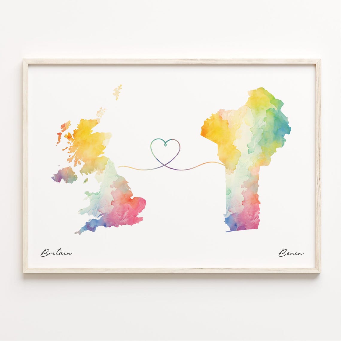 Britain To Benin Watercolor Map Heart Connection Love Art Print