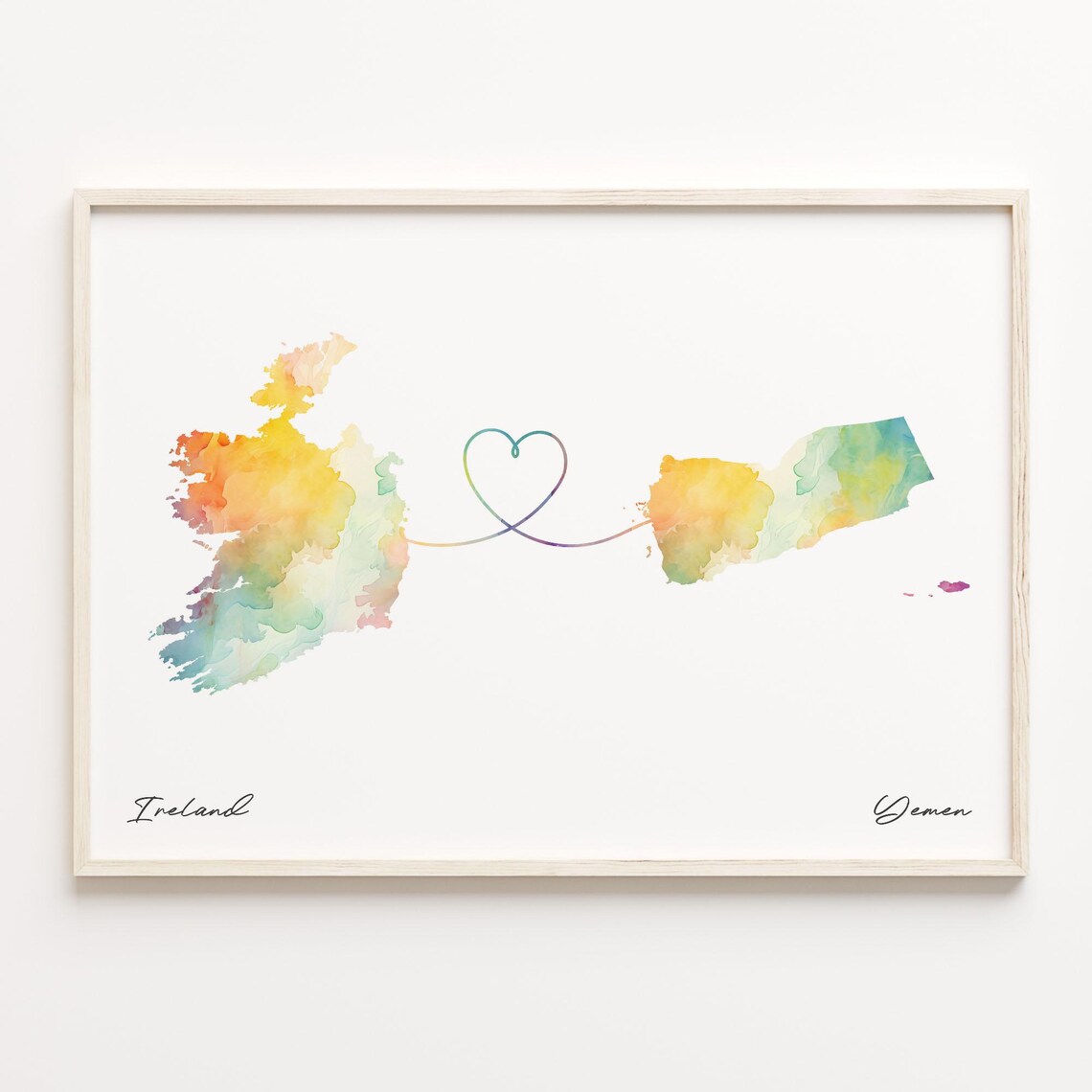 Ireland To Yemen Long Distance Watercolor Heart Map Art Poster