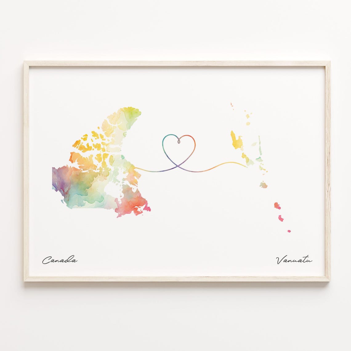 Canada To Vanuatu Watercolor Map Heart Connection Gift Poster