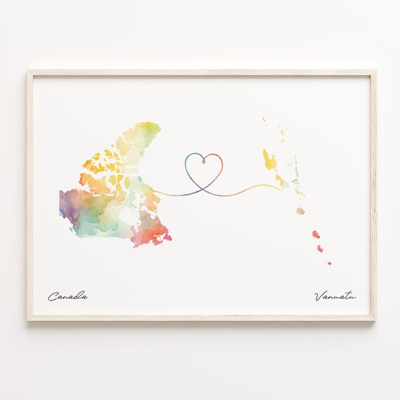 Canada To Vanuatu Watercolor Map Heart Connection Gift Poster