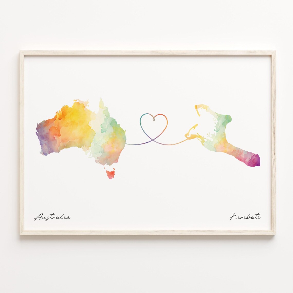 Australia to Kiribati Watercolor Heart Map Long Distance Art Poster