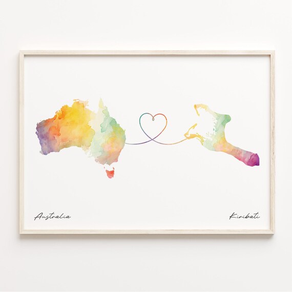 Australia to Kiribati Watercolor Heart Map Long Distance Art Poster