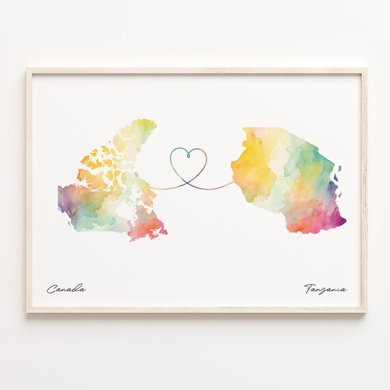 Canada To Tanzania Watercolor Heart Map Long Distance Love Wall Art