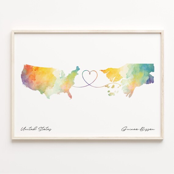 United States Guinea Bissau Heart Watercolor Long Distance Map Poster