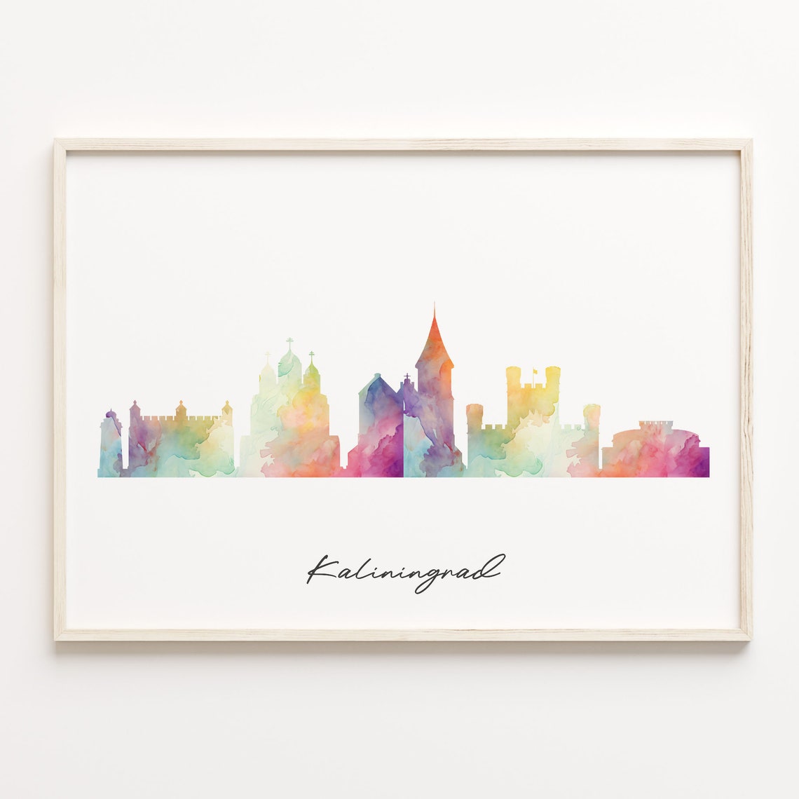 Kaliningrad Watercolor Skyline Poster Rainbow Cityscape Decor