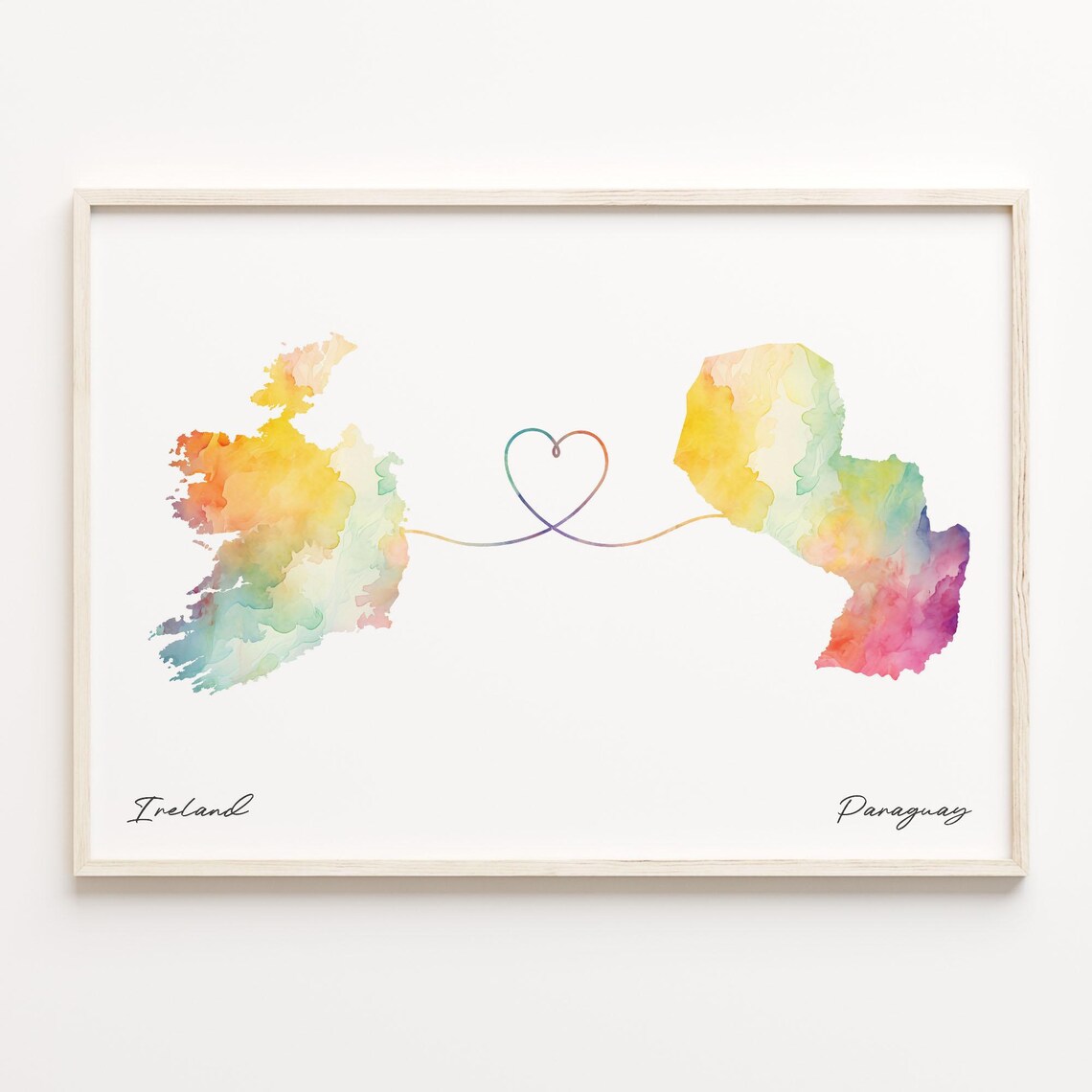 Ireland to Paraguay Watercolor Love Map Heart Connection Poster