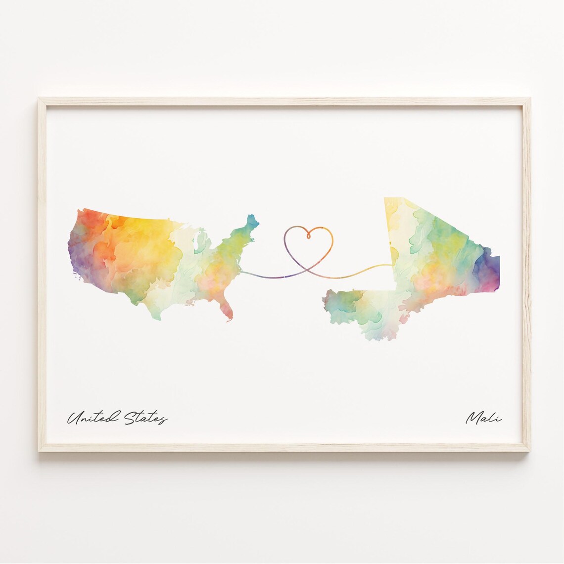 United States To Mali Watercolor Map Wall Poster With Heart Love Gift