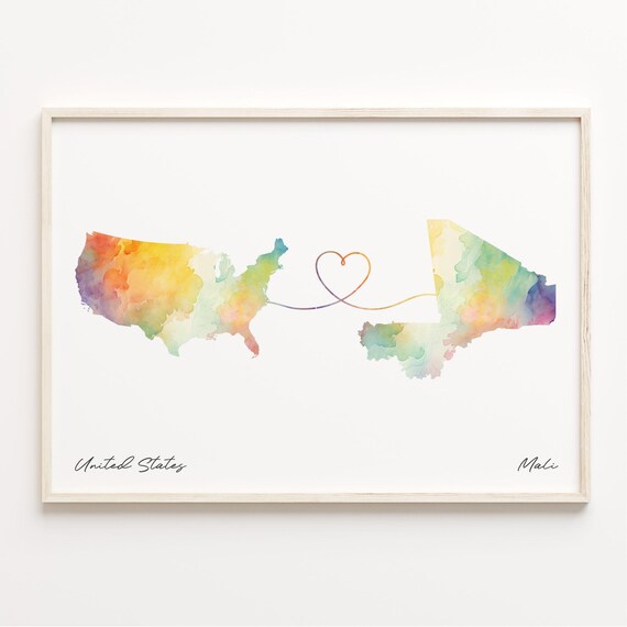 United States To Mali Watercolor Map Wall Poster With Heart Love Gift