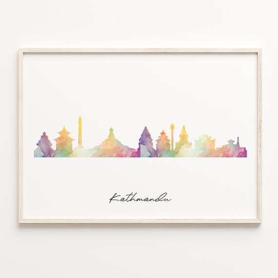 Kathmandu Watercolor Cityscape Skyline Nepal Himalayan Travel Poster Art