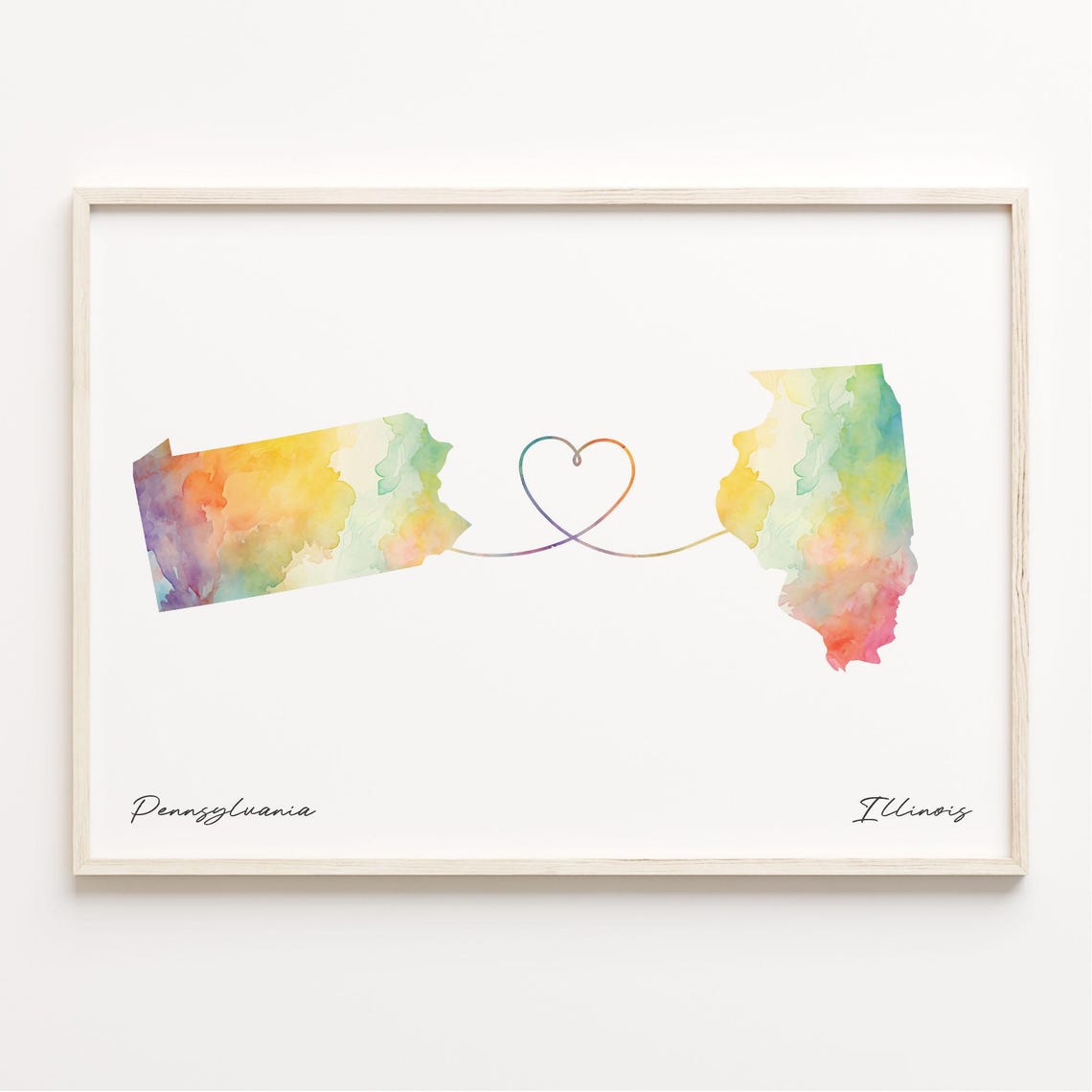 Pennsylvania To Illinois Watercolor Map Long Distance Love Poster