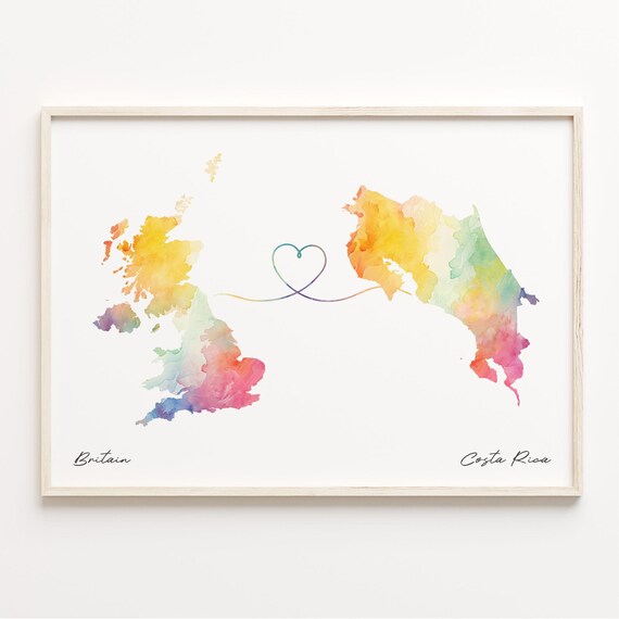 Britain to Costa Rica Watercolor Heart Map Long Distance Love Print