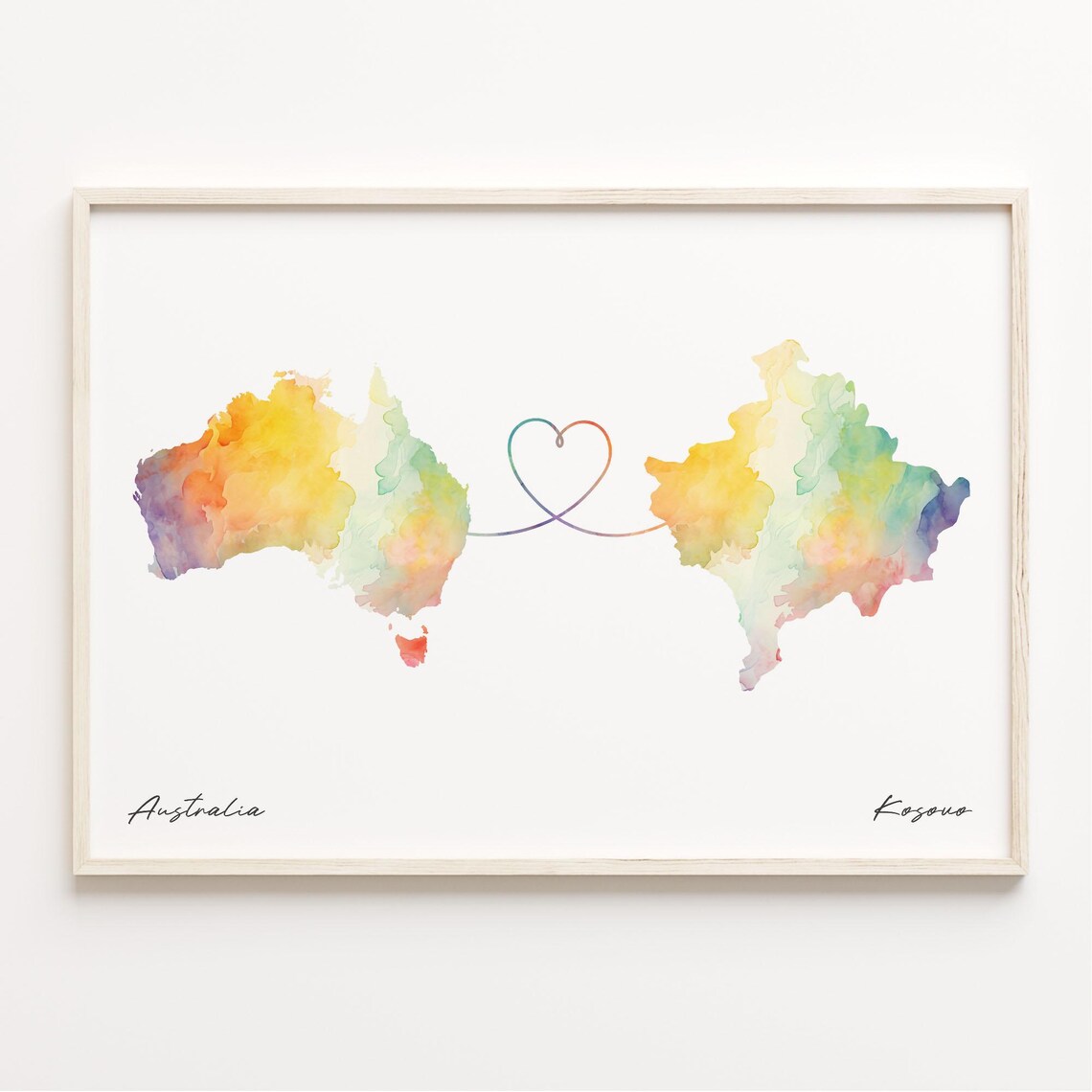 Australia To Kosovo Watercolor Map Heart Connection Gift Poster