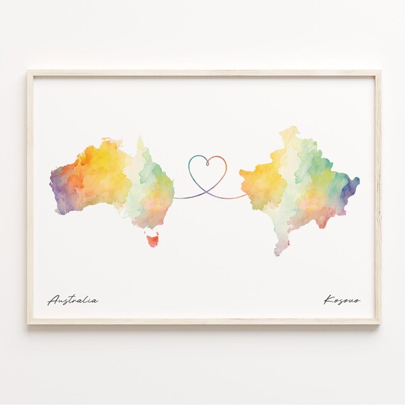 Australia To Kosovo Watercolor Map Heart Connection Gift Poster