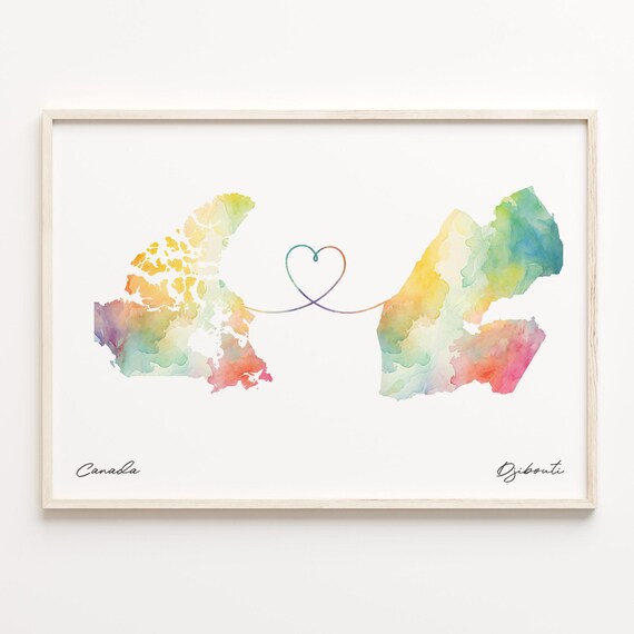Canada Djibouti Watercolor Heart Map Long Distance Love Gift Wall Art
