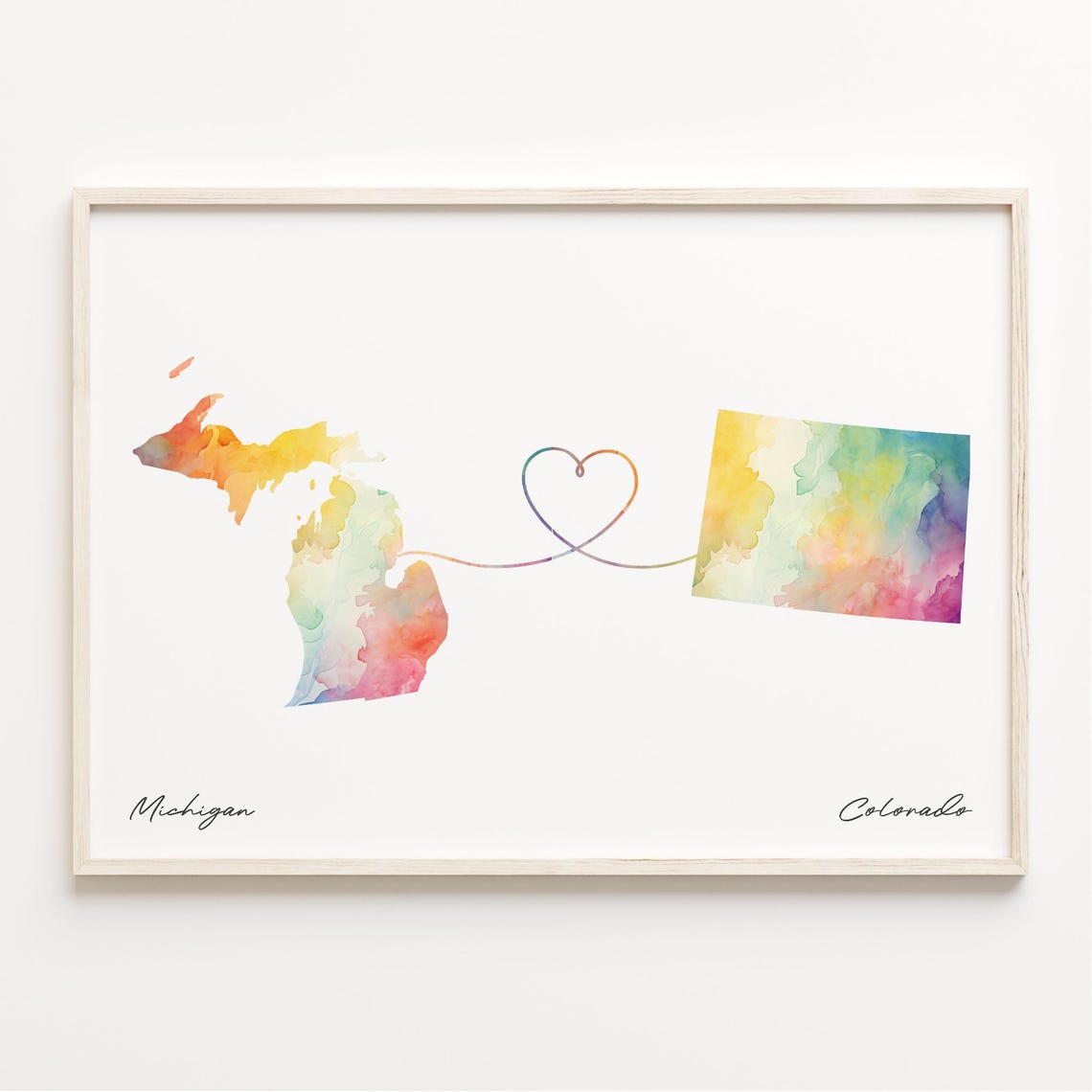 Michigan To Colorado Watercolor Map Long Distance Love Heart Print