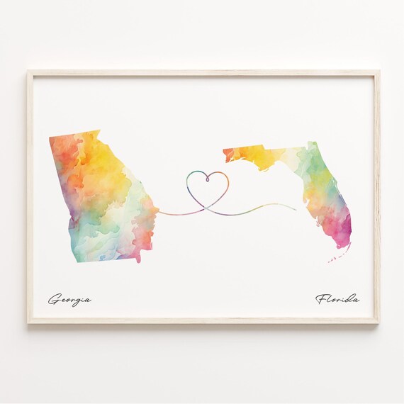 Georgia To Florida Watercolor Heart Map Long Distance Poster