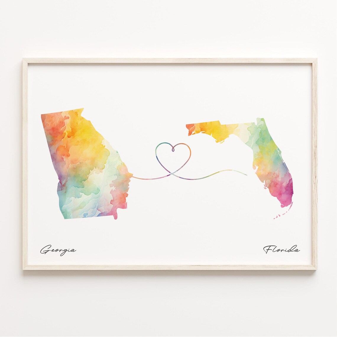 Georgia To Florida Watercolor Heart Map Long Distance Poster