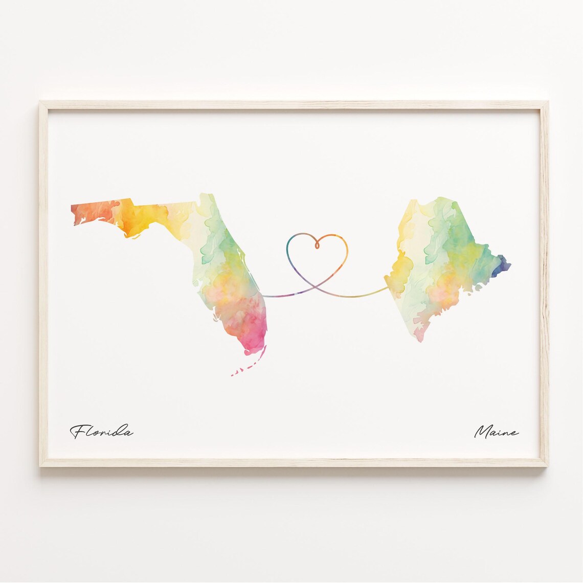 Florida To Maine Watercolor Map Poster With Heart Connection Art