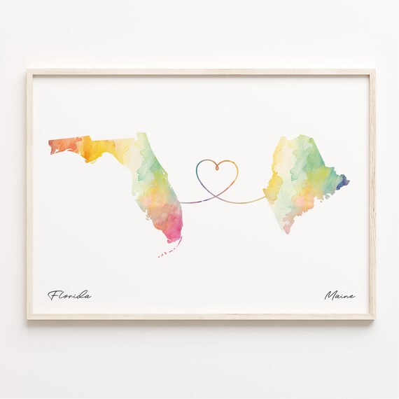 Florida To Maine Watercolor Map Poster With Heart Connection Art