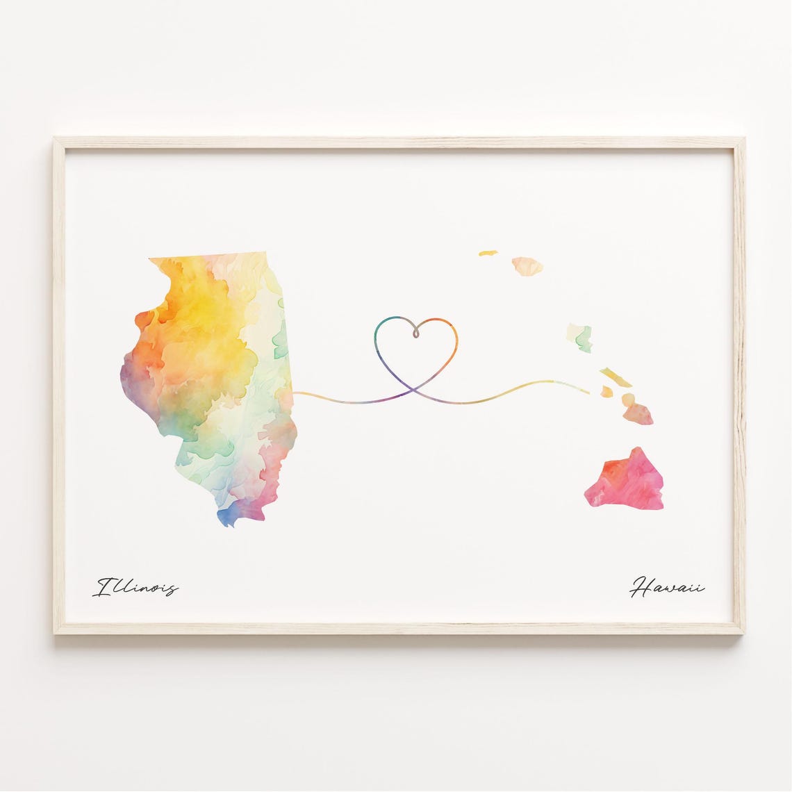 Illinois To Hawaii Watercolor State Map Heart Connection Art Poster