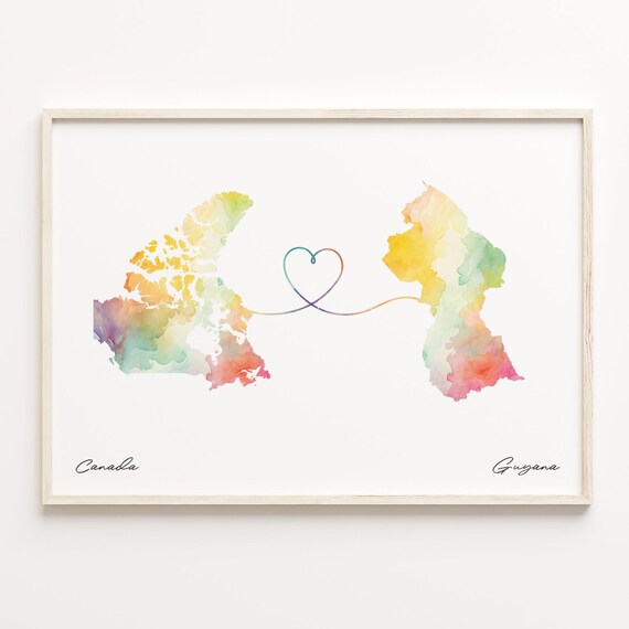 Canada Guyana Watercolor Heart Map Long Distance Love Poster