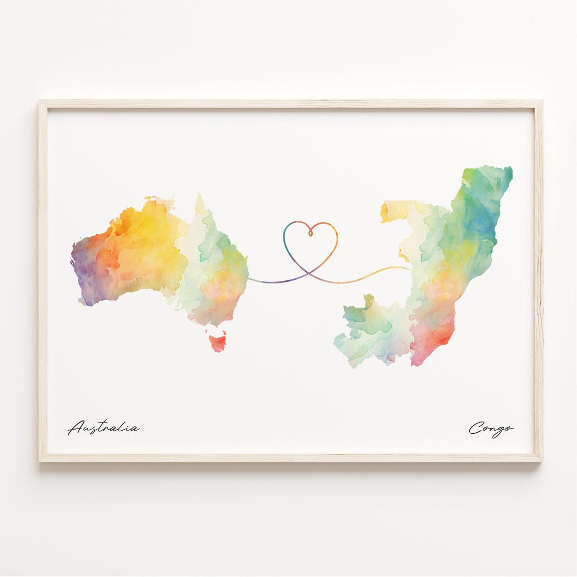 Australia Congo Watercolor Long Distance Heart Map Art Poster