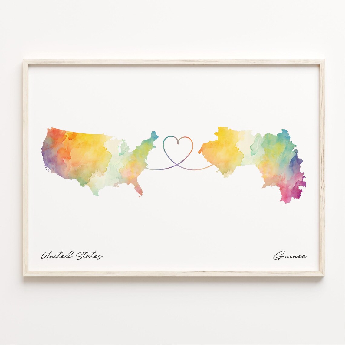 United States To Guinea Watercolor Map Wall Poster With Heart Love Gift