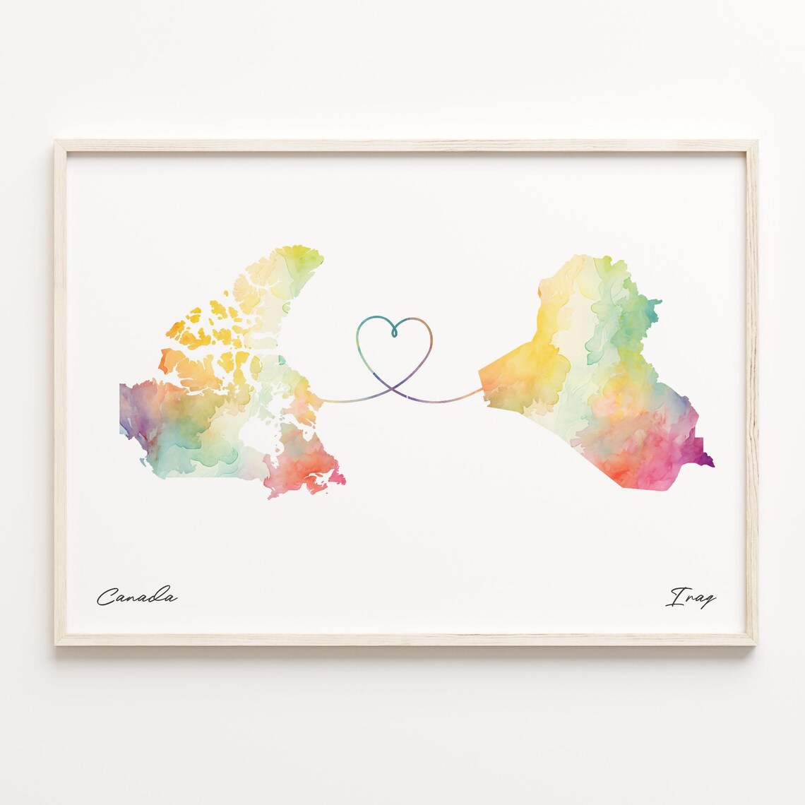 Canada To Iraq Romantic Watercolor Love Map Heart Connection Poster