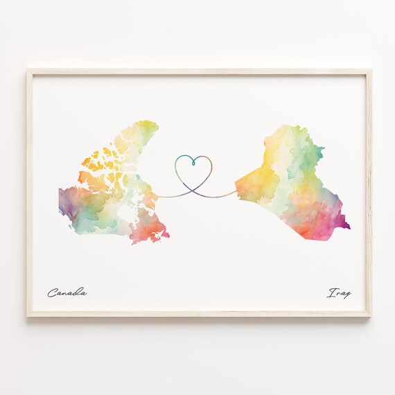 Canada To Iraq Romantic Watercolor Love Map Heart Connection Poster
