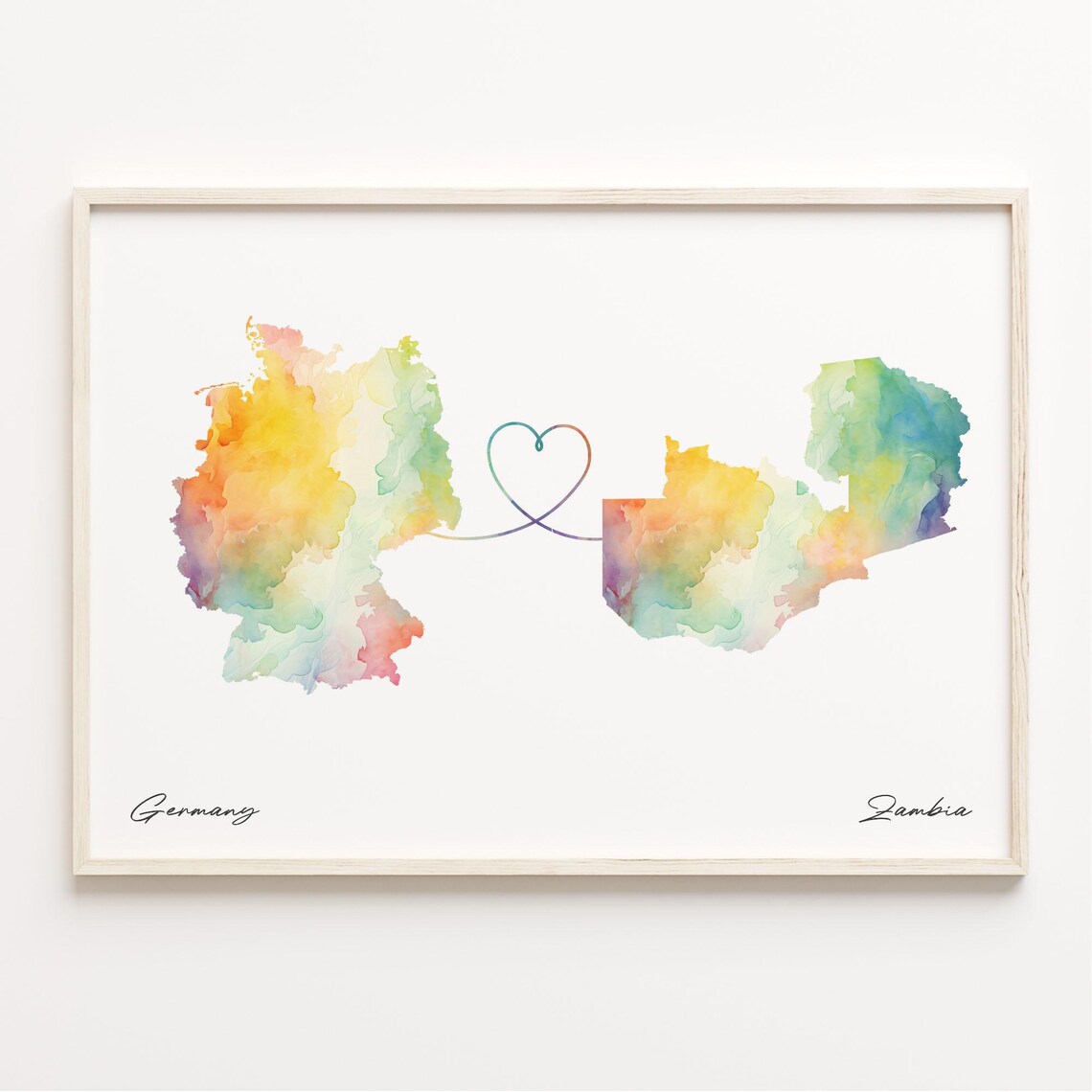 Germany To Zambia Watercolor Heart Map Long Distance Love Poster