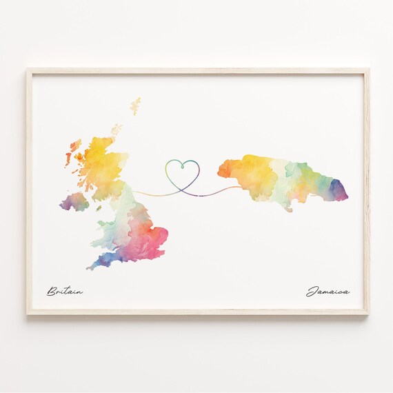 Britain Jamaica Watercolor Heart Map Long Distance Love Poster