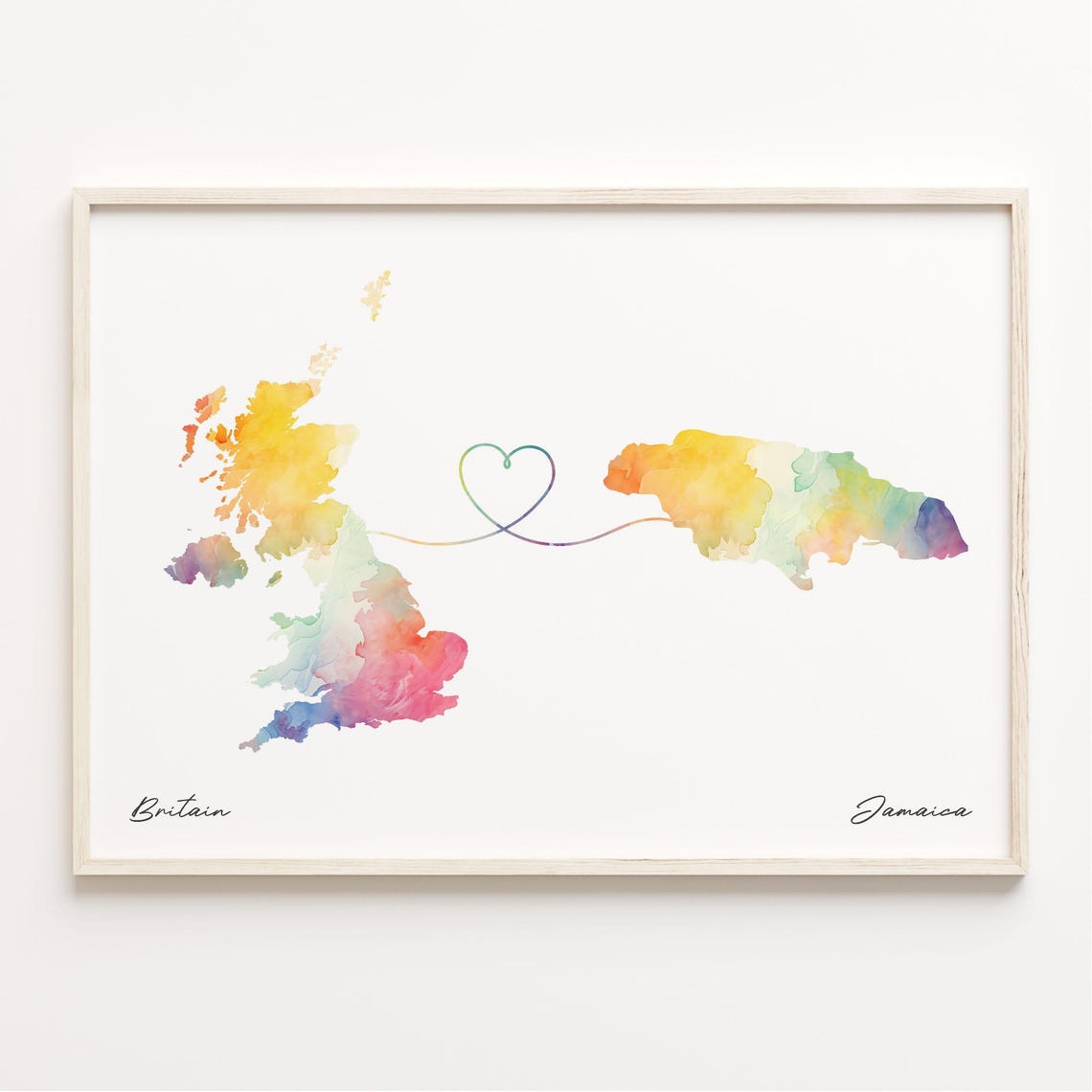 Britain Jamaica Watercolor Heart Map Long Distance Love Poster