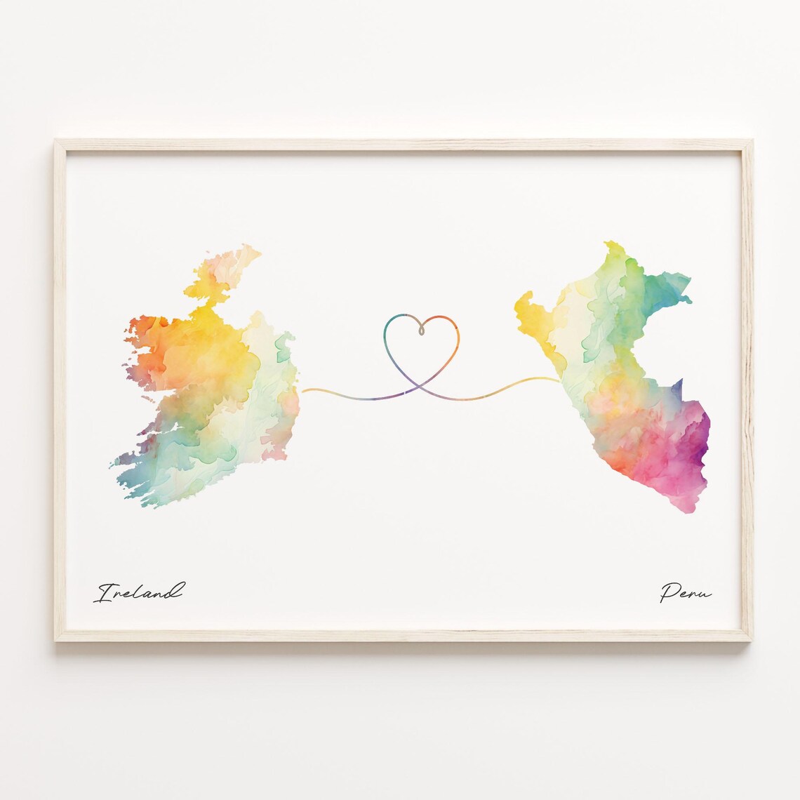 Ireland to Peru Watercolor Map Heart Print Long Distance Love