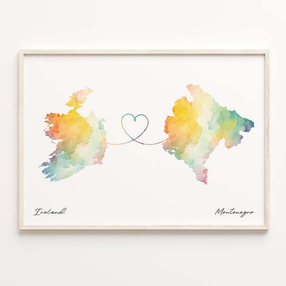 Ireland to Montenegro Watercolor Heart Map Love Connection Poster
