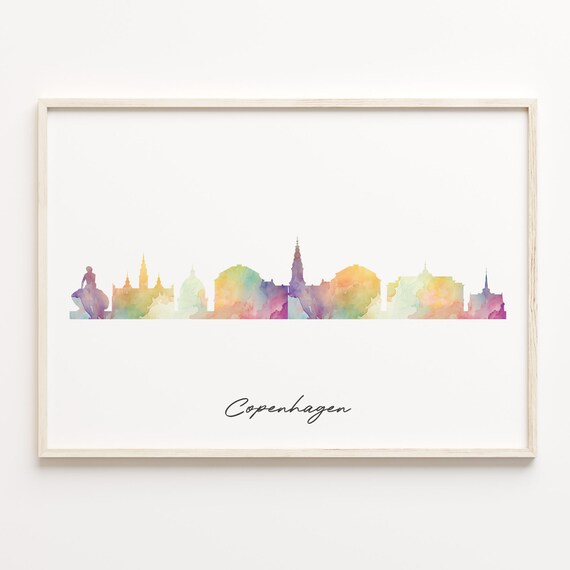 Copenhagen Denmark Watercolor Skyline Poster in Soft Pastel Colors