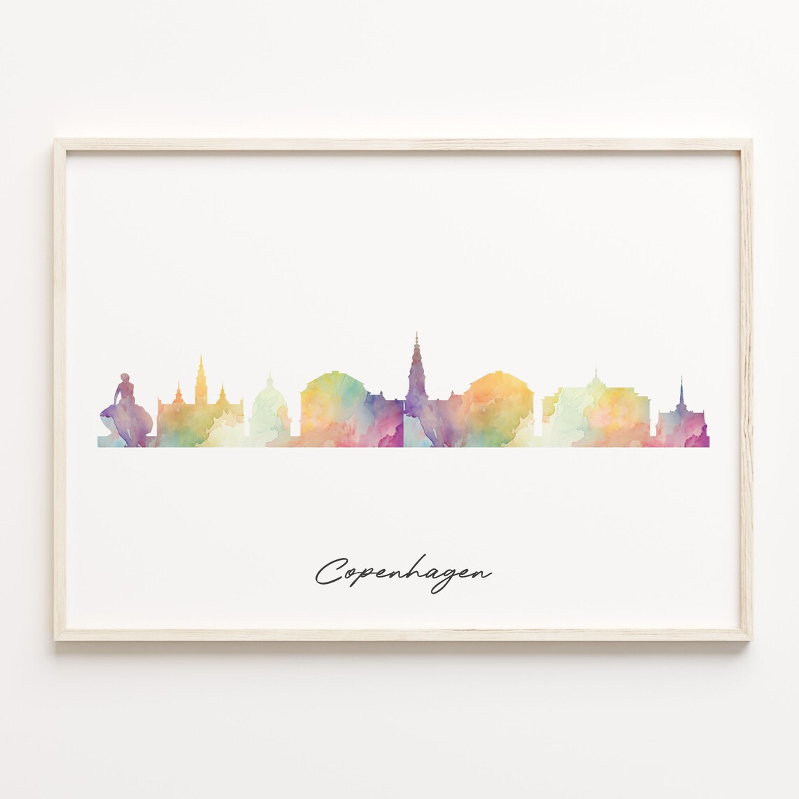 Copenhagen Denmark Watercolor Skyline Poster in Soft Pastel Colors