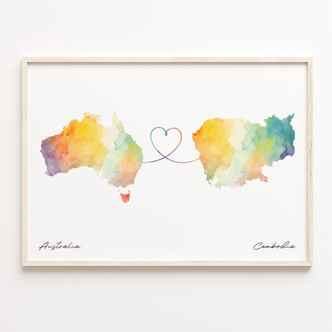 Australia to Cambodia Long Distance Watercolor Heart Map Art Print