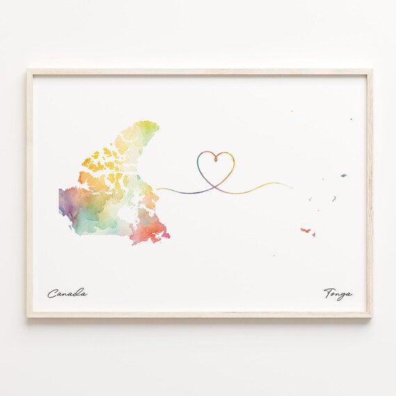 Canada to Tonga Islands Watercolor Map Heart Connection Poster