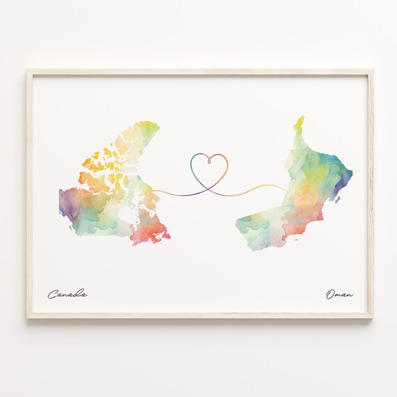 Canada to Oman Love Heart Watercolor Map Long Distance Poster