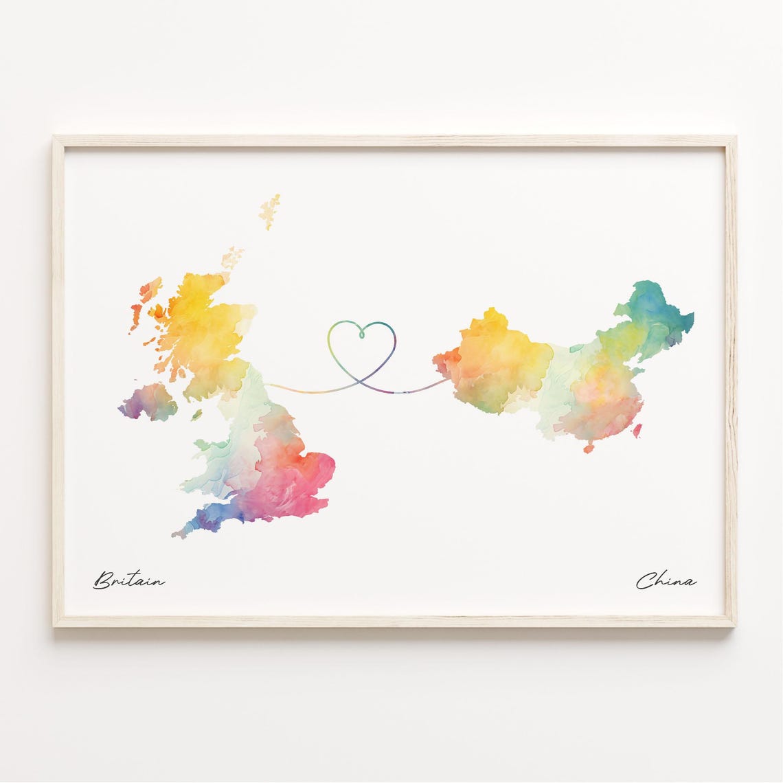 Britain To China Watercolor Map Heart Connection Gift Poster Decor
