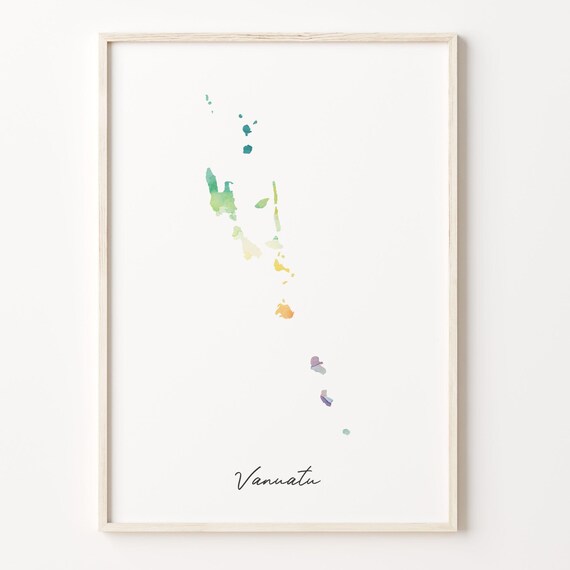 Vanuatu Watercolor Island Map Pastel Rainbow Silhouette Print