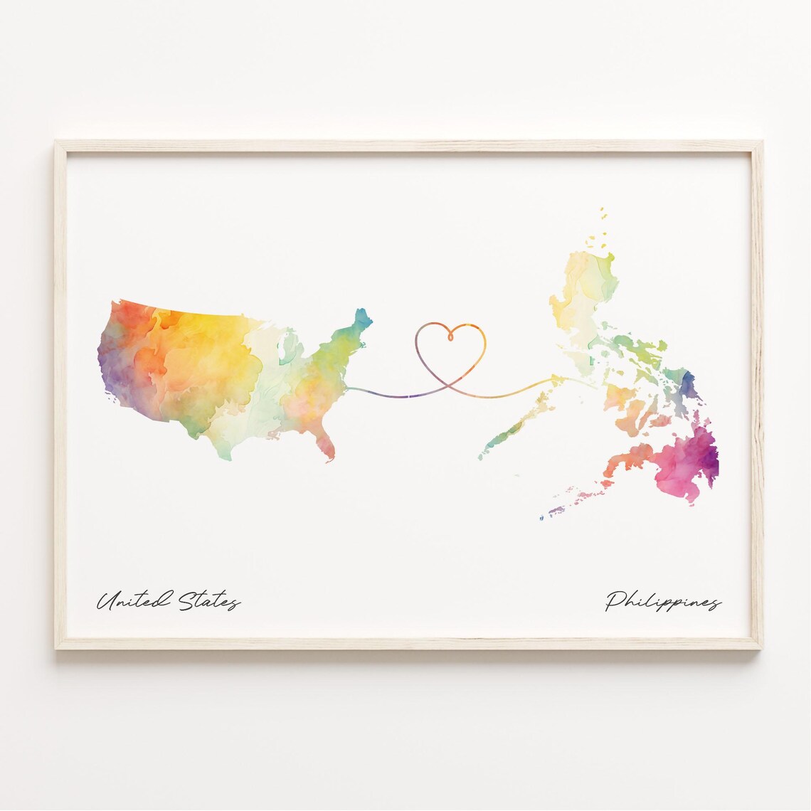 Us To Philippines Watercolor Map Poster, Travel Print
