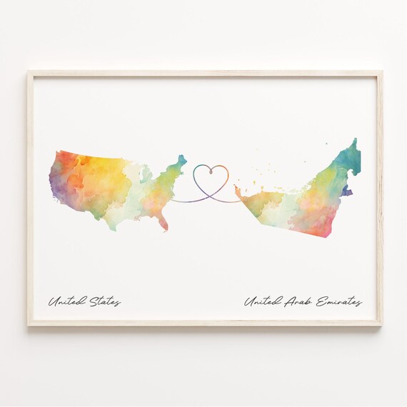 United States to United Arab Emirates Watercolor Map Gift Poster