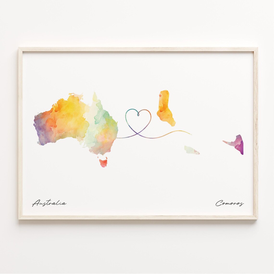 Australia to Comoros Watercolor Map Heart Connection Art Print
