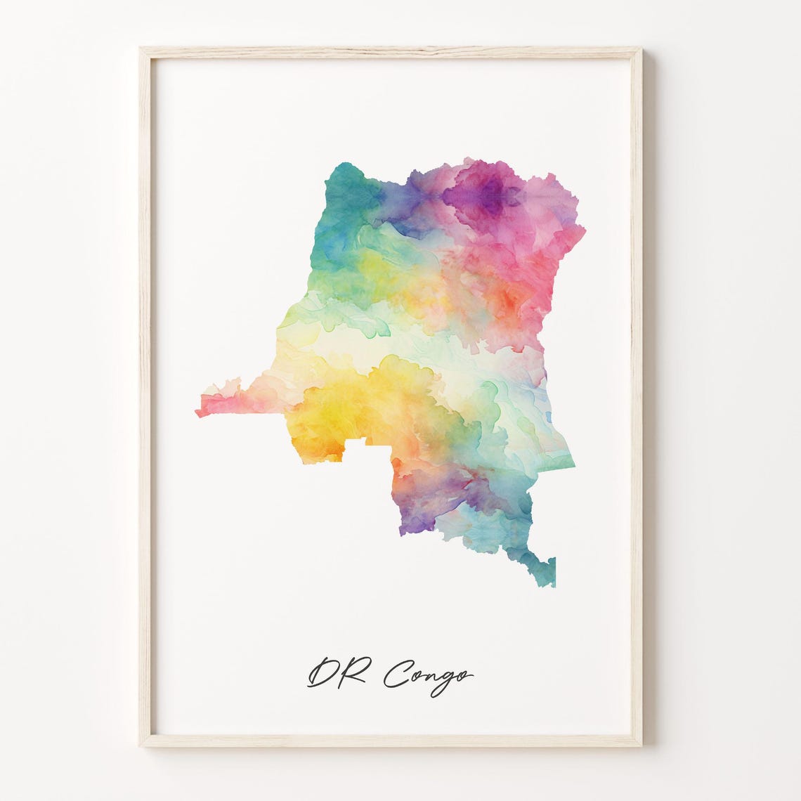 DR Congo Watercolor Country Map Vibrant Rainbow Geography Poster