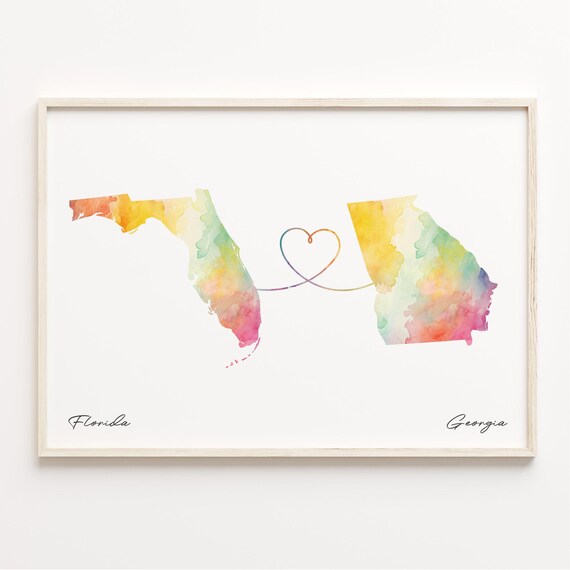 Florida to Georgia Watercolor Map Love Heart Connection Art Poster