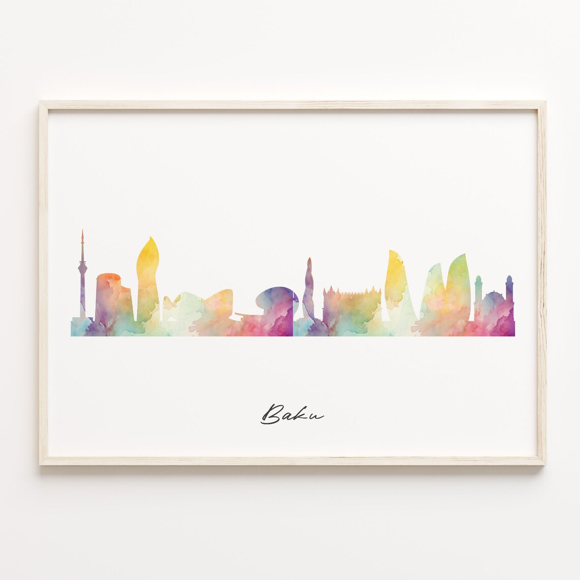 Baku Azerbaijan Watercolor Skyline Cityscape Travel Poster Home Decor