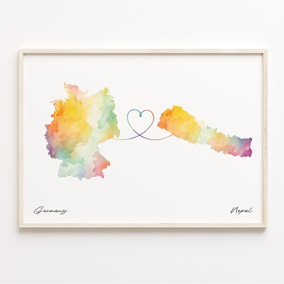 Germany To Nepal Watercolor Map Heart Far Apart Friendship Poster