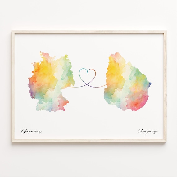Germany To Uruguay Watercolor Heart Connection Map Art Print