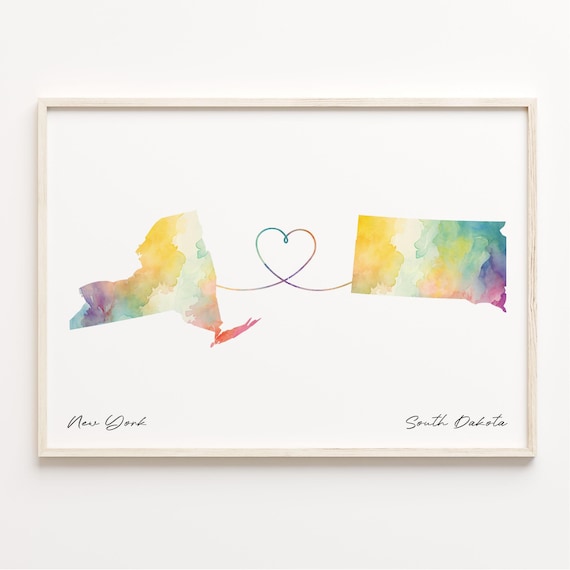 New York To South Dakota Watercolor Heart Map Long Distance Poster